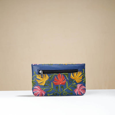 Blue - Chain Stitch Crewel Hand Embroidery Leather Wallet