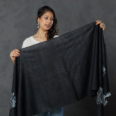 Black - Kutch Handwoven Pakko Embroidery Silk x Merino Wool Stole