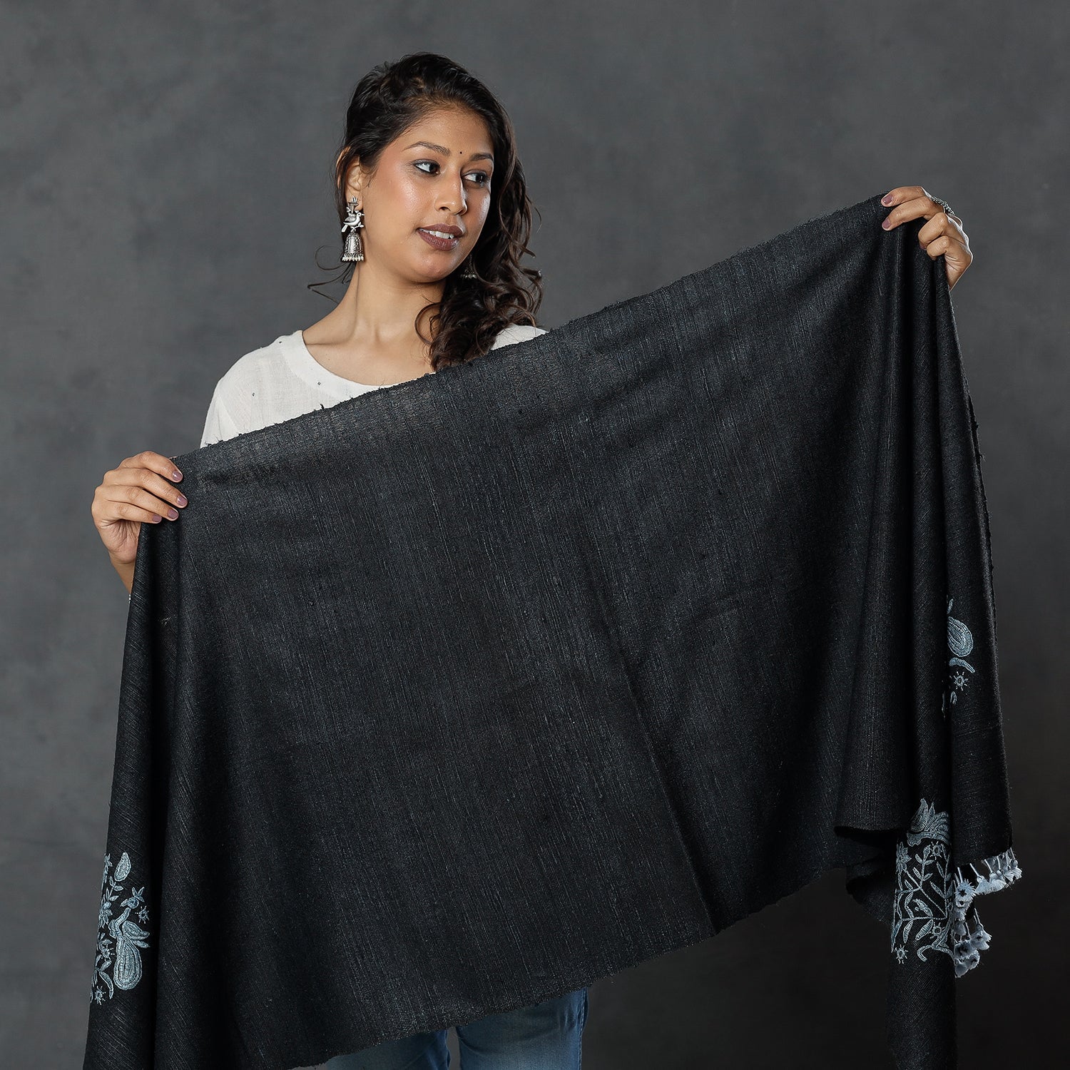 Black - Kutch Handwoven Pakko Embroidery Silk x Merino Wool Stole