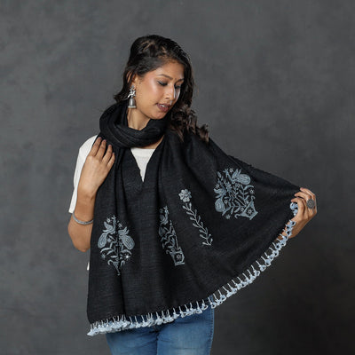 Black - Kutch Handwoven Pakko Embroidery Silk x Merino Wool Stole