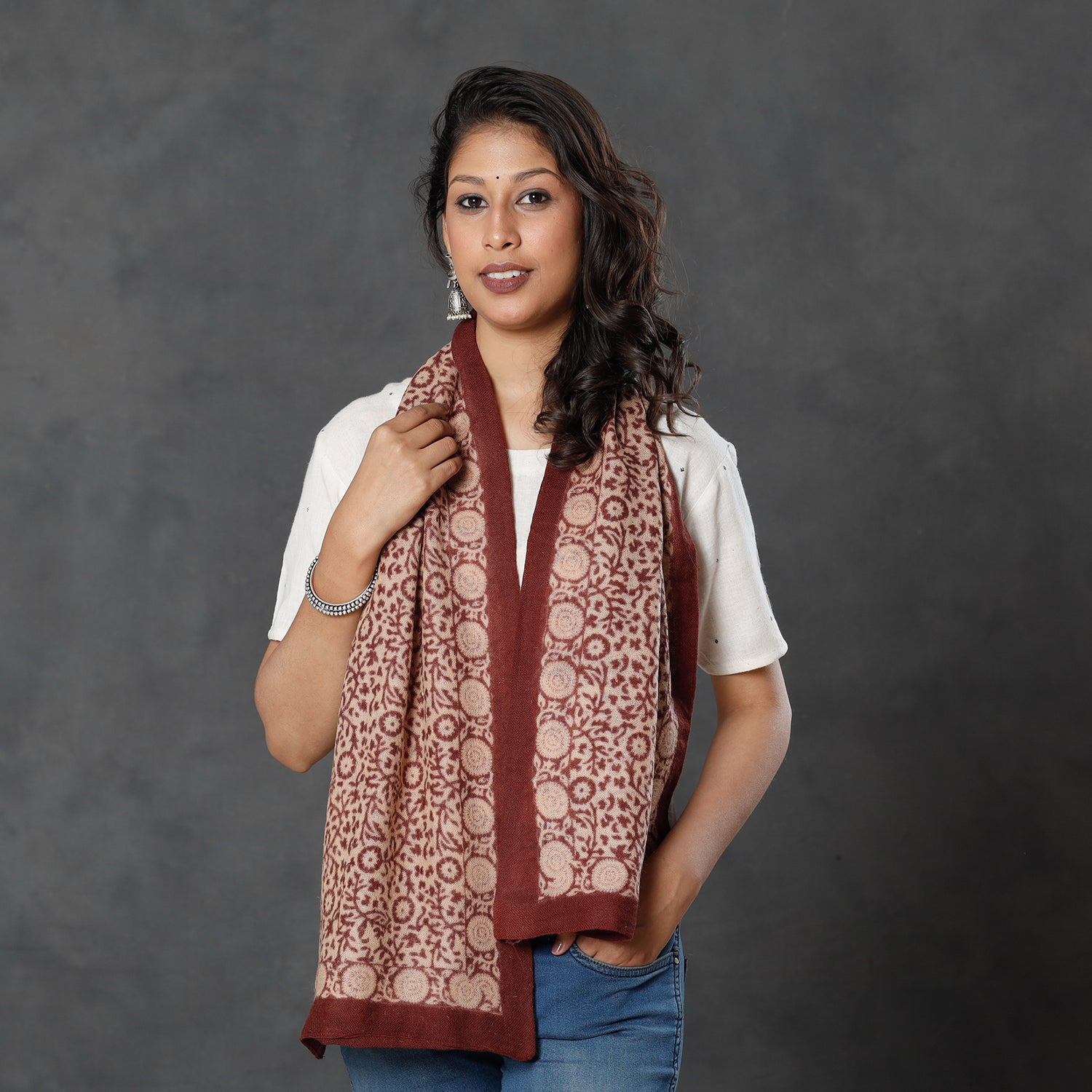 Brown - Bagh Block Printed Natural Dyed Woolen Muffler (61 in)
