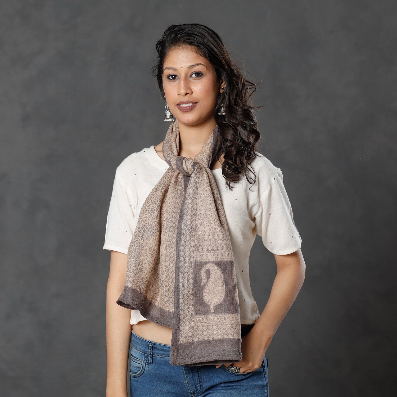 Beige - Bagh Block Printed Natural Dyed Woolen Muffler (61 in)