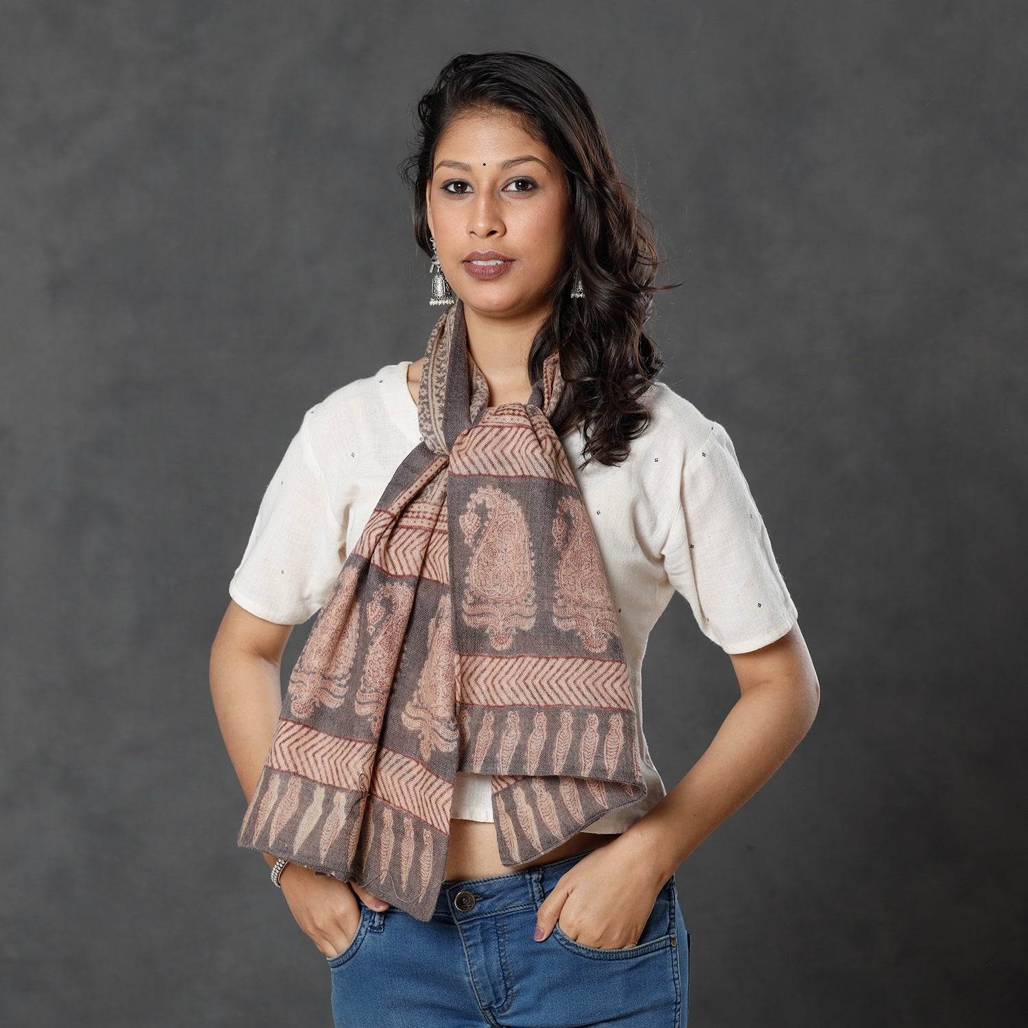 Beige - Bagh Block Printed Natural Dyed Woolen Muffler (61 in)