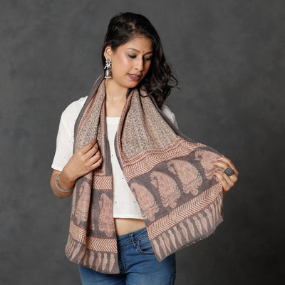 Beige - Bagh Block Printed Natural Dyed Woolen Muffler (61 in)
