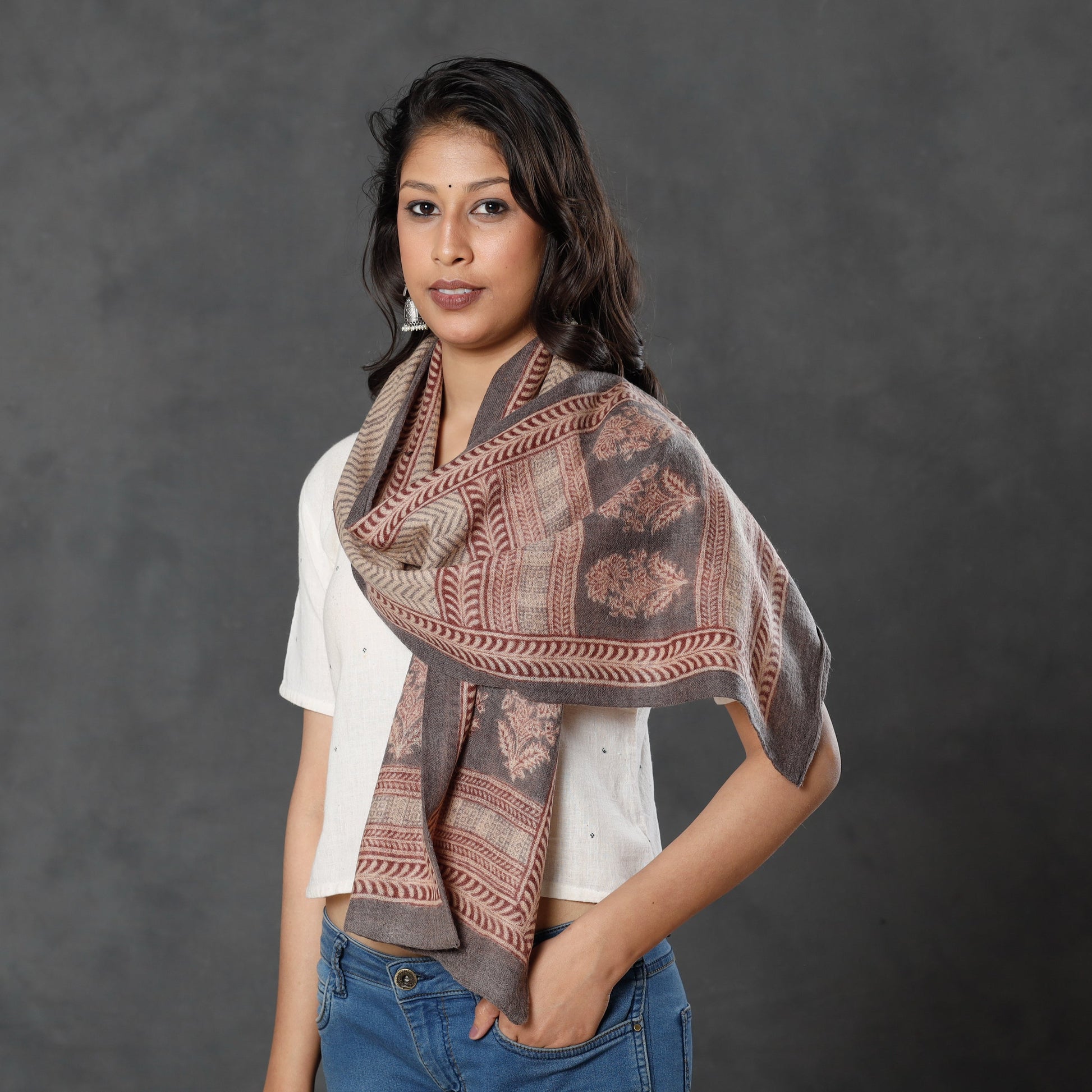 Beige - Bagh Block Printed Natural Dyed Woolen Muffler (61 in)