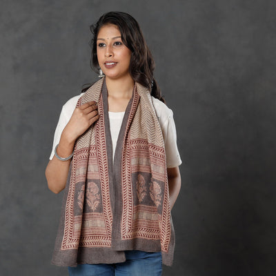 Beige - Bagh Block Printed Natural Dyed Woolen Muffler (61 in)