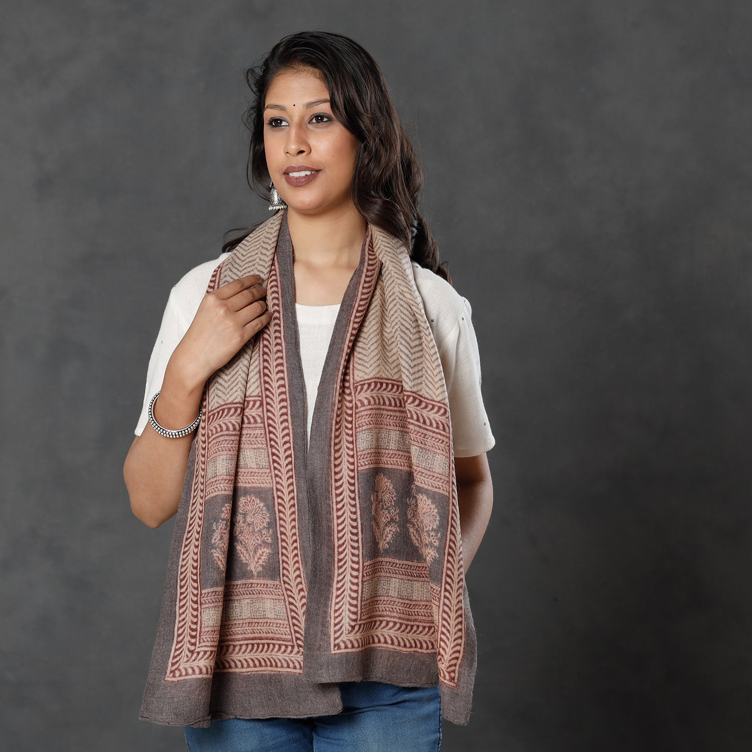 Beige - Bagh Block Printed Natural Dyed Woolen Muffler (61 in)