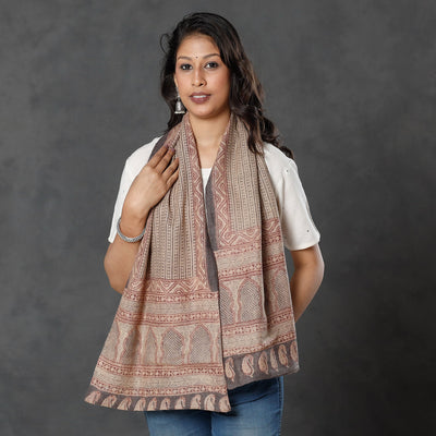 Beige - Bagh Block Printed Natural Dyed Woolen Muffler (61 in)