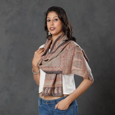 Beige - Bagh Block Printed Natural Dyed Woolen Muffler (61 in)