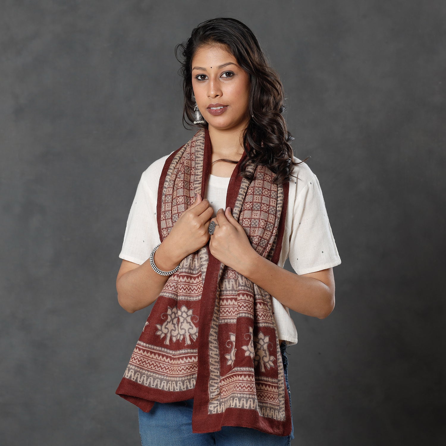 Brown - Bagh Block Printed  Natural Dyed Woolen Muffler (61 in)
