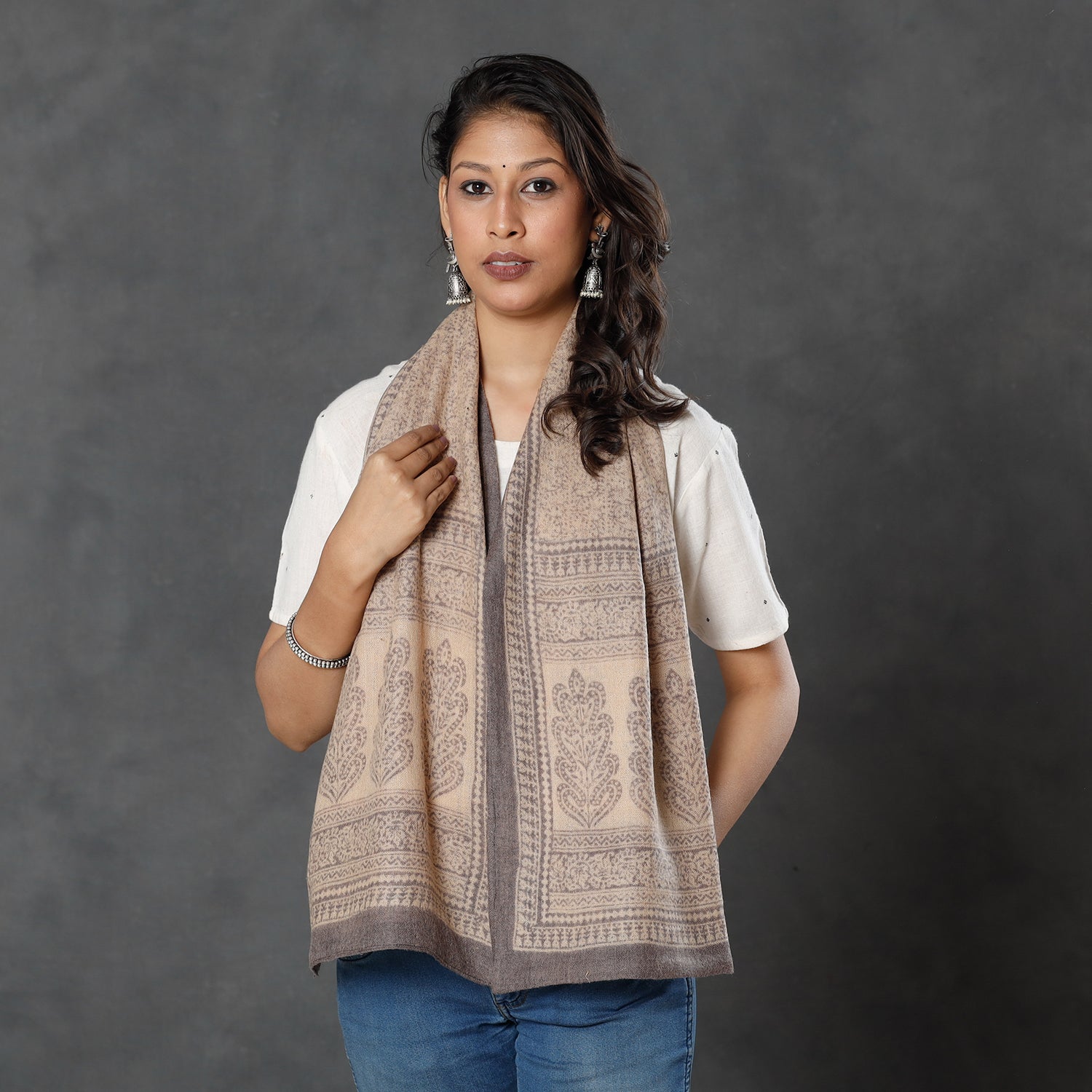 Beige - Bagh Block Printed Natural Dyed Woolen Muffler (61 in)