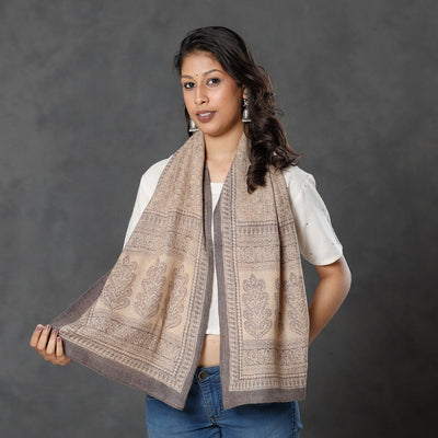 Beige - Bagh Block Printed Natural Dyed Woolen Muffler (61 in)