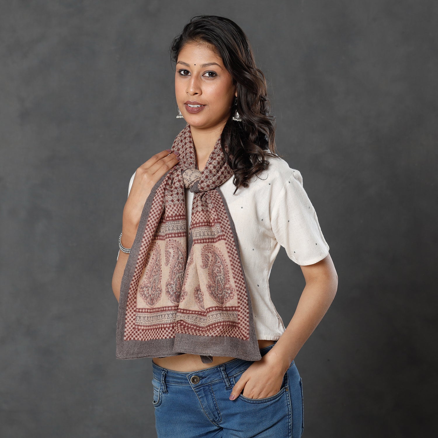 Brown - Bagh Block Printed Natural Dyed Woolen Muffler (61 in)