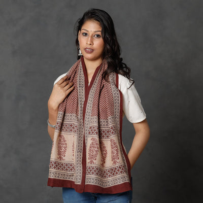 Brown - Bagh Block Printed Natural Dyed Woolen Muffler (61 in)