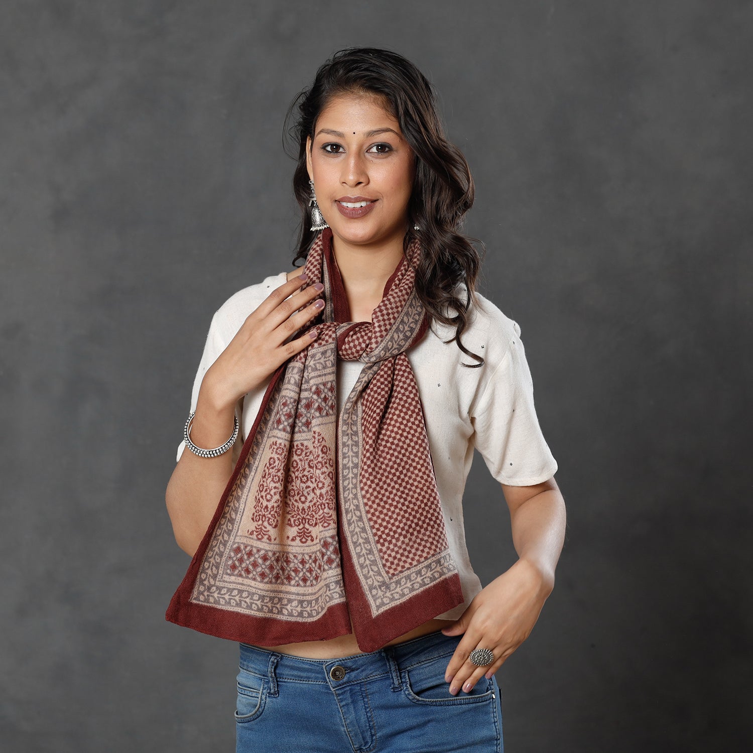 Brown - Bagh Block Printed Natural Dyed Woolen Muffler (61 in)