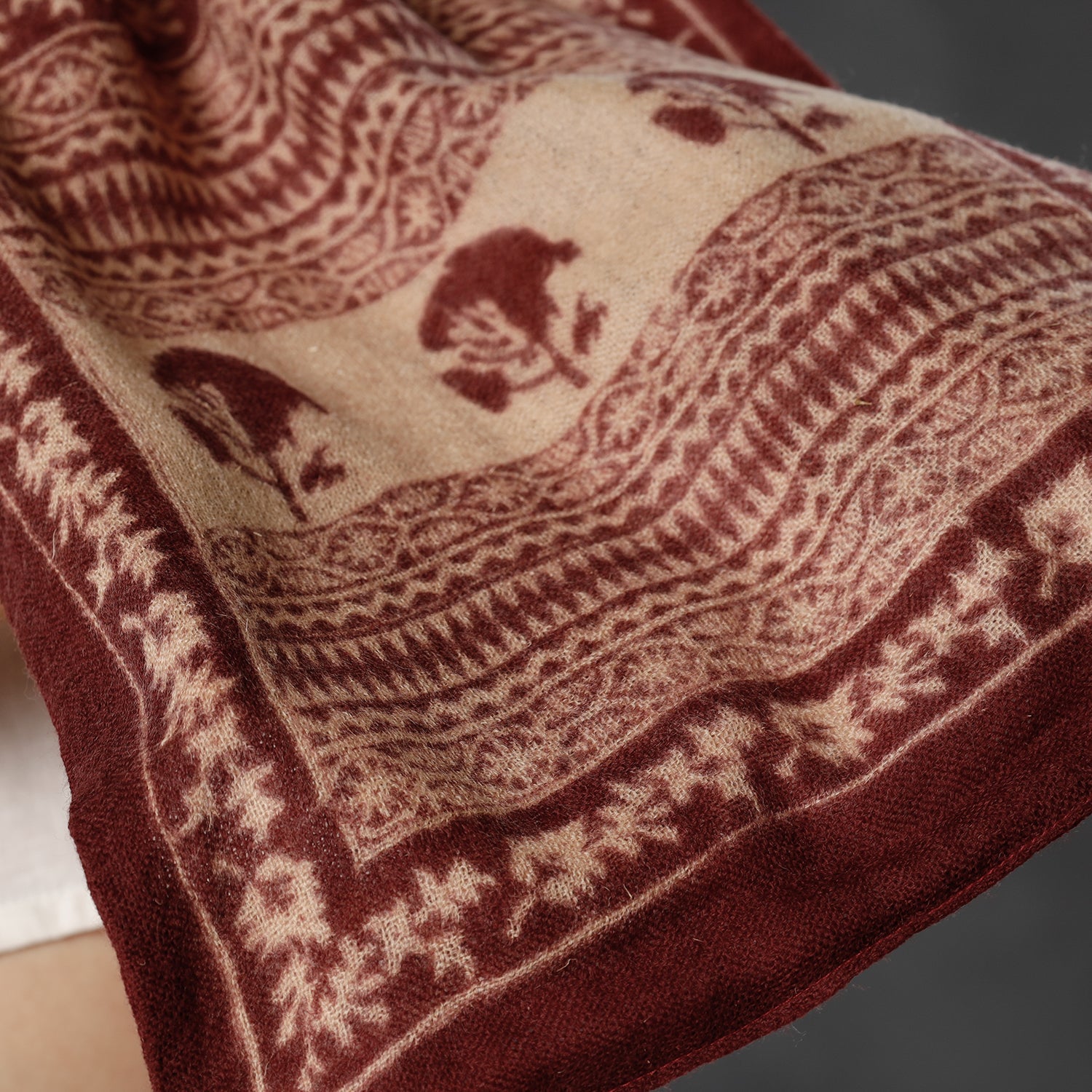 Brown - Bagh Block Printed Natural Dyed Woolen Muffler (61 in)