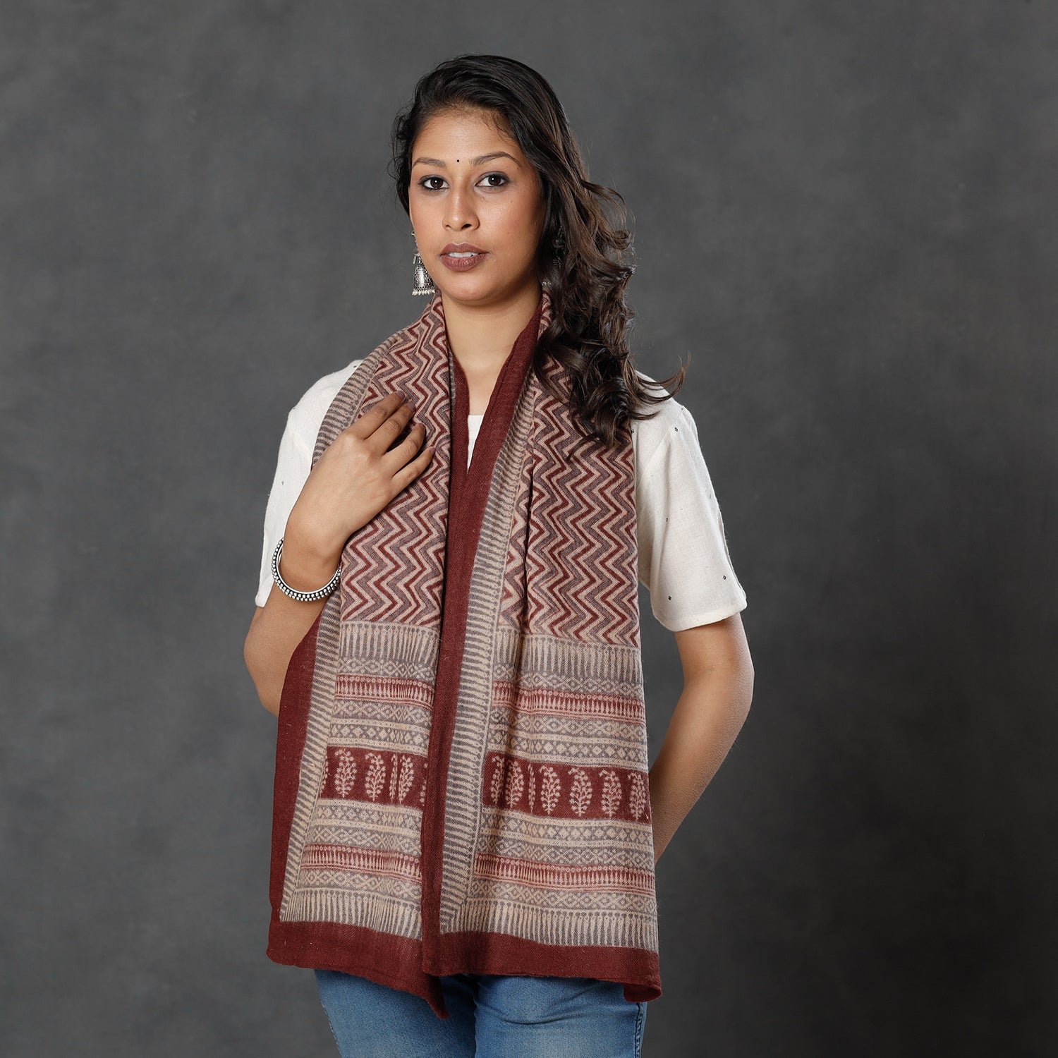 Brown - Bagh Block Printed Natural Dyed Woolen Muffler (61 in)
