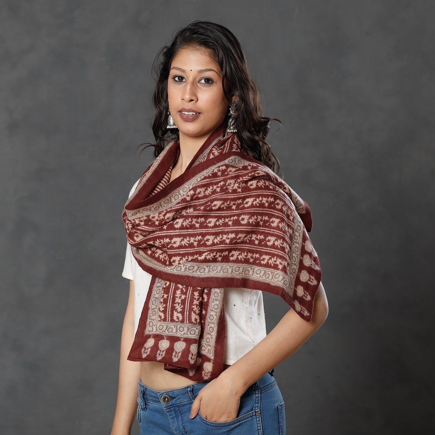 Brown - Bagh Block Printed Natural Dyed Woolen Muffler (61 in)