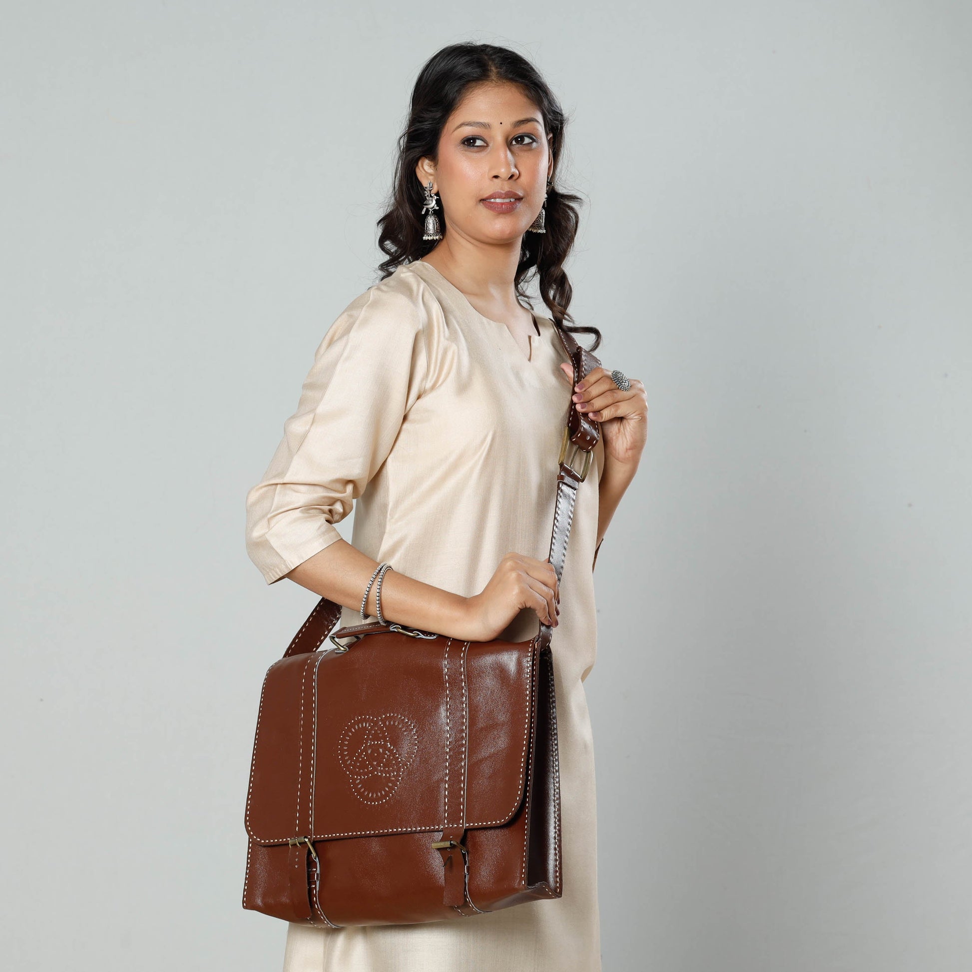 Brown - Handcrafted Kutch Leather Laptop Bag