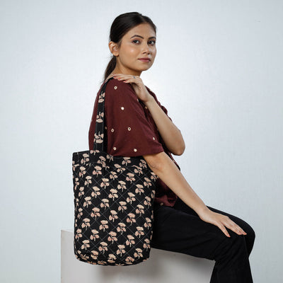 Black - Handcrafted Quilted Sanganeri Block Printed Shoulder Bag