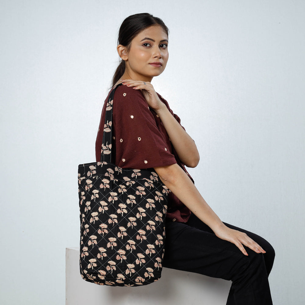 Black - Handcrafted Quilted Sanganeri Block Printed Shoulder Bag