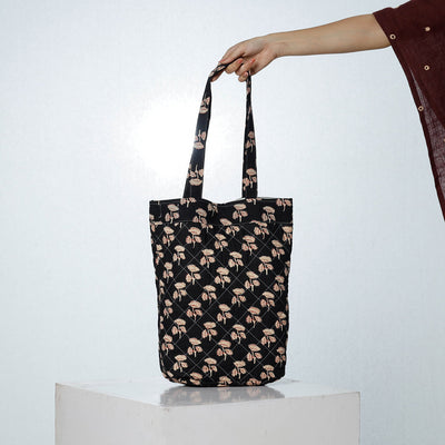 Black - Handcrafted Quilted Sanganeri Block Printed Shoulder Bag