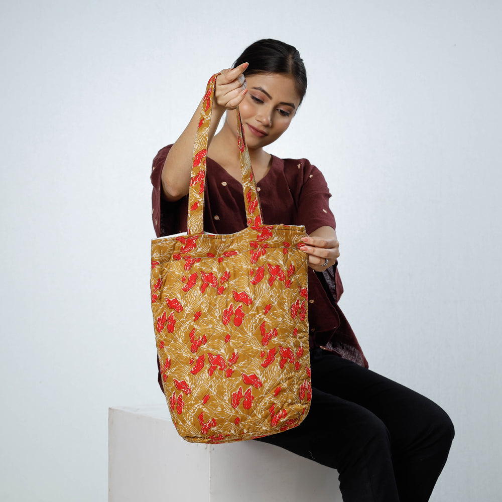 Brown - Handcrafted Quilted Sanganeri Block Printed Shoulder Bag