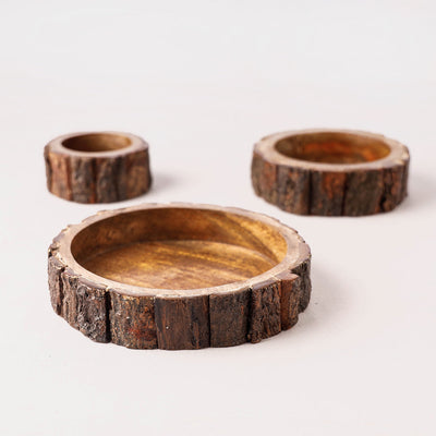 Brown - Handcrafted Mango Wooden Bowls (set of 3)