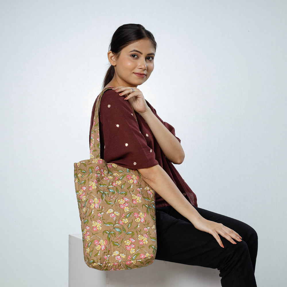 Brown - Handcrafted Quilted Sanganeri Block Printed Shoulder Bag