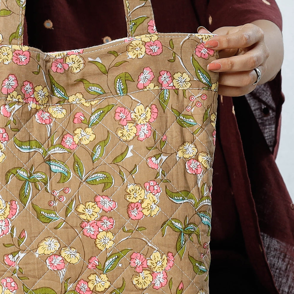 Brown - Handcrafted Quilted Sanganeri Block Printed Shoulder Bag