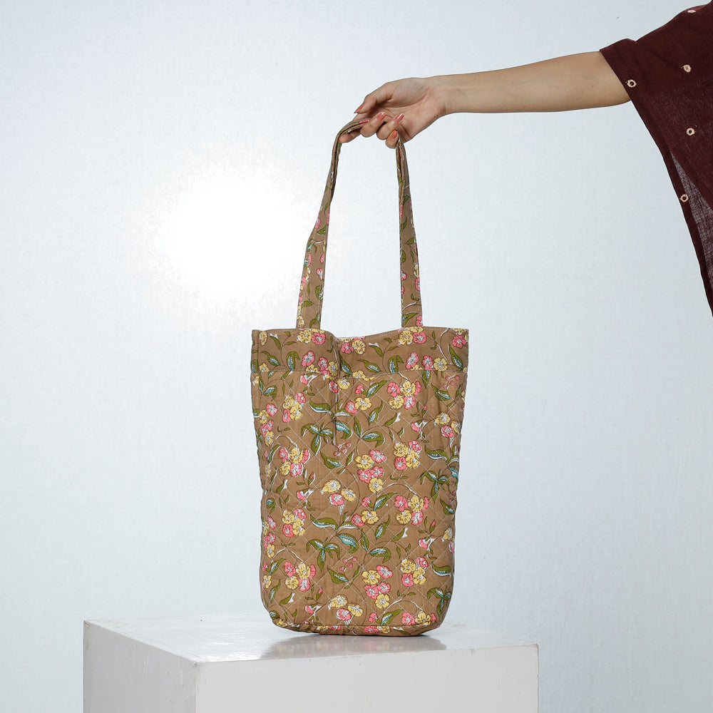Brown - Handcrafted Quilted Sanganeri Block Printed Shoulder Bag