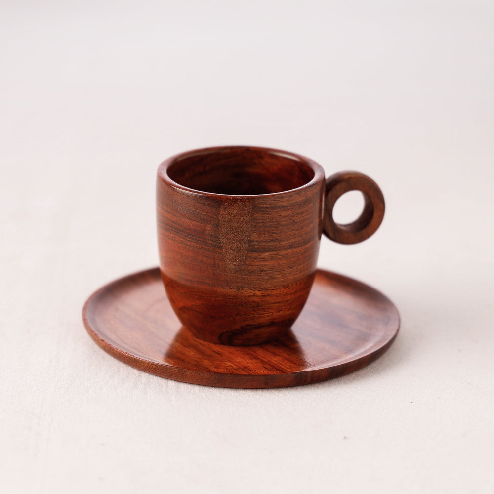 Brown - Handcrafted Sheesham Wooden Cup Plate Set