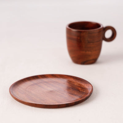 Brown - Handcrafted Sheesham Wooden Cup Plate Set