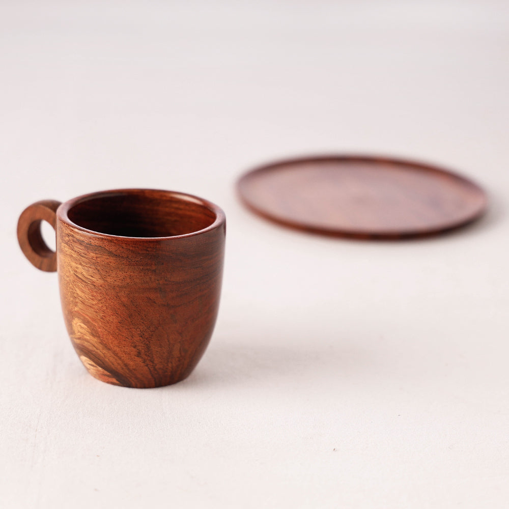 Brown - Handcrafted Sheesham Wooden Cup Plate Set