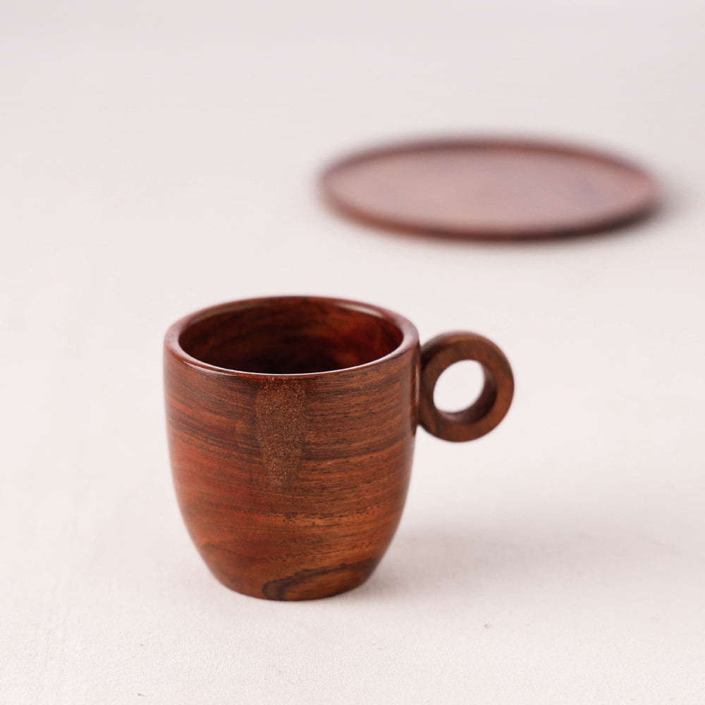 Brown - Handcrafted Sheesham Wooden Cup Plate Set
