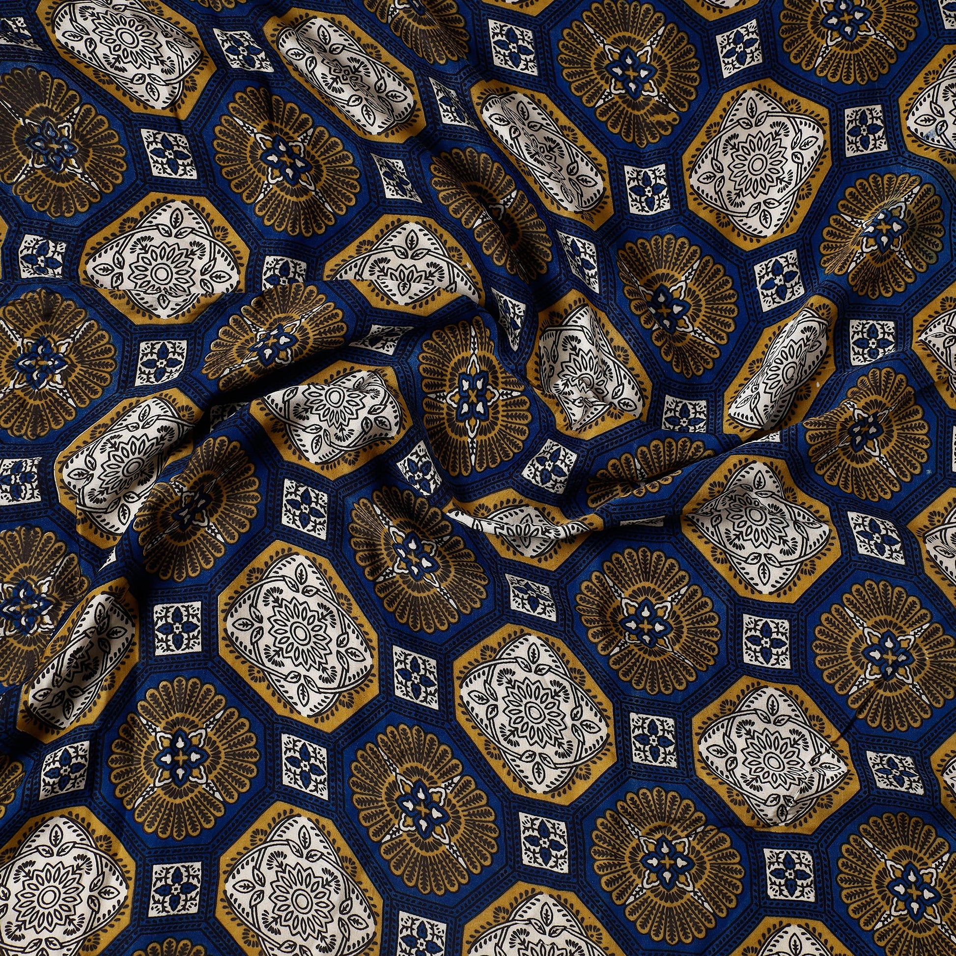 Blue - Ajrakh Block Printed Modal Silk Precut fabric - (1 meter)