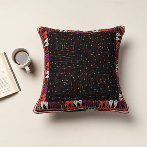 Black - Kutch Dhebariya Sebha Hand Embroidery Cotton Cushion Cover (16 x 16 in)
