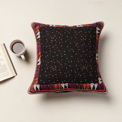 Black - Kutch Dhebariya Sebha Hand Embroidery Cotton Cushion Cover (16 x 16 in)