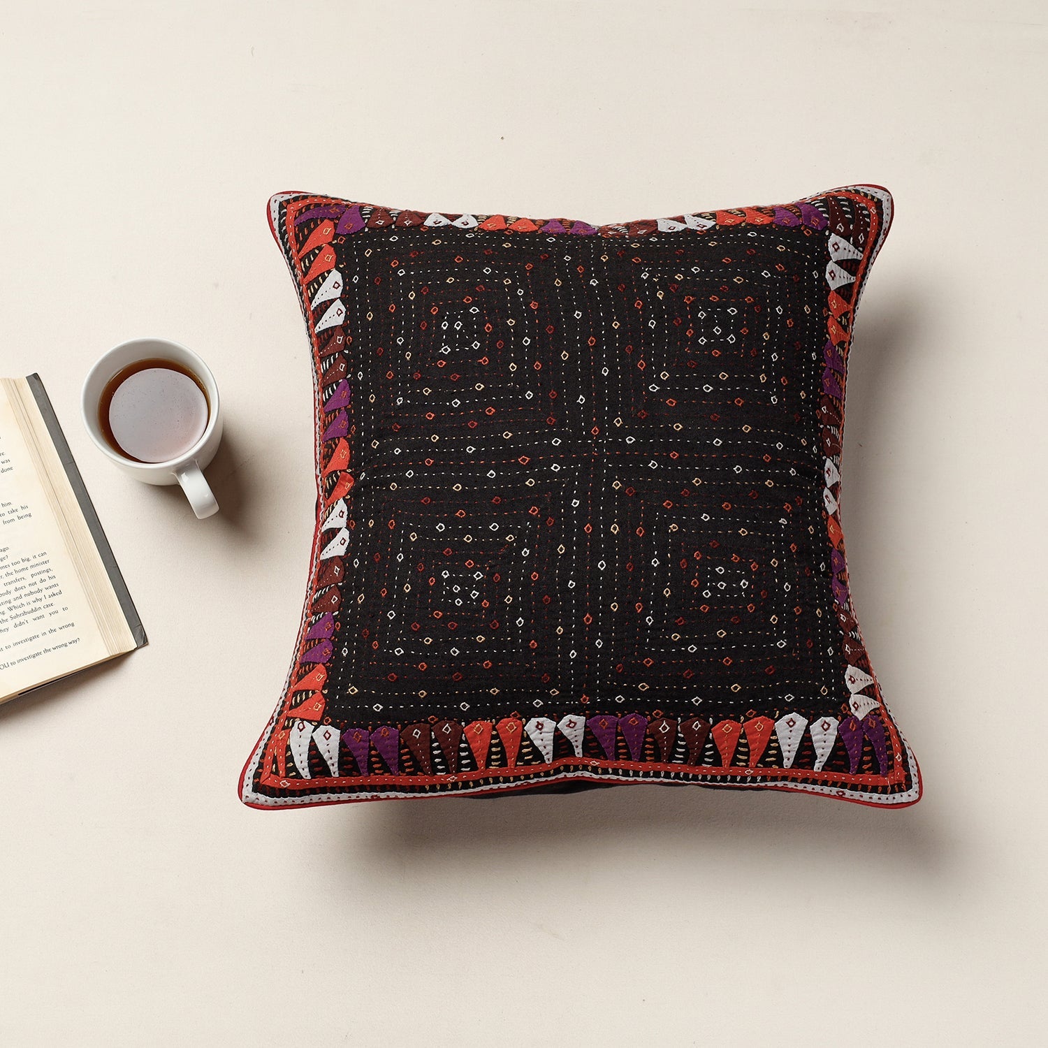 Black - Kutch Dhebariya Sebha Hand Embroidery Cotton Cushion Cover (16 x 16 in)