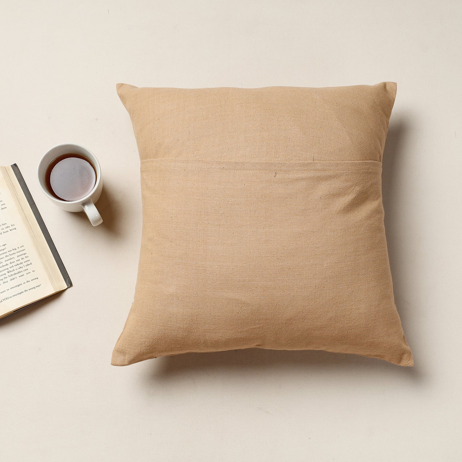 Beige - Kutch Ahir Hand Embroidery Cotton Cushion Cover (16 x 16 in)