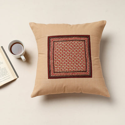 Beige - Kutch Neran Hand Embroidery Cotton Cushion Cover (16 x 16 in)