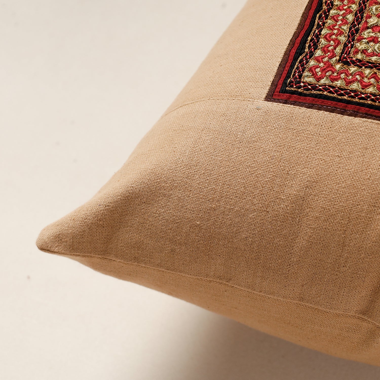 Beige - Kutch Neran Hand Embroidery Cotton Cushion Cover (16 x 16 in)