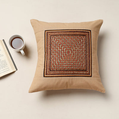 Beige - Kutch Neran Hand Embroidery Cotton Cushion Cover (16 x 16 in)