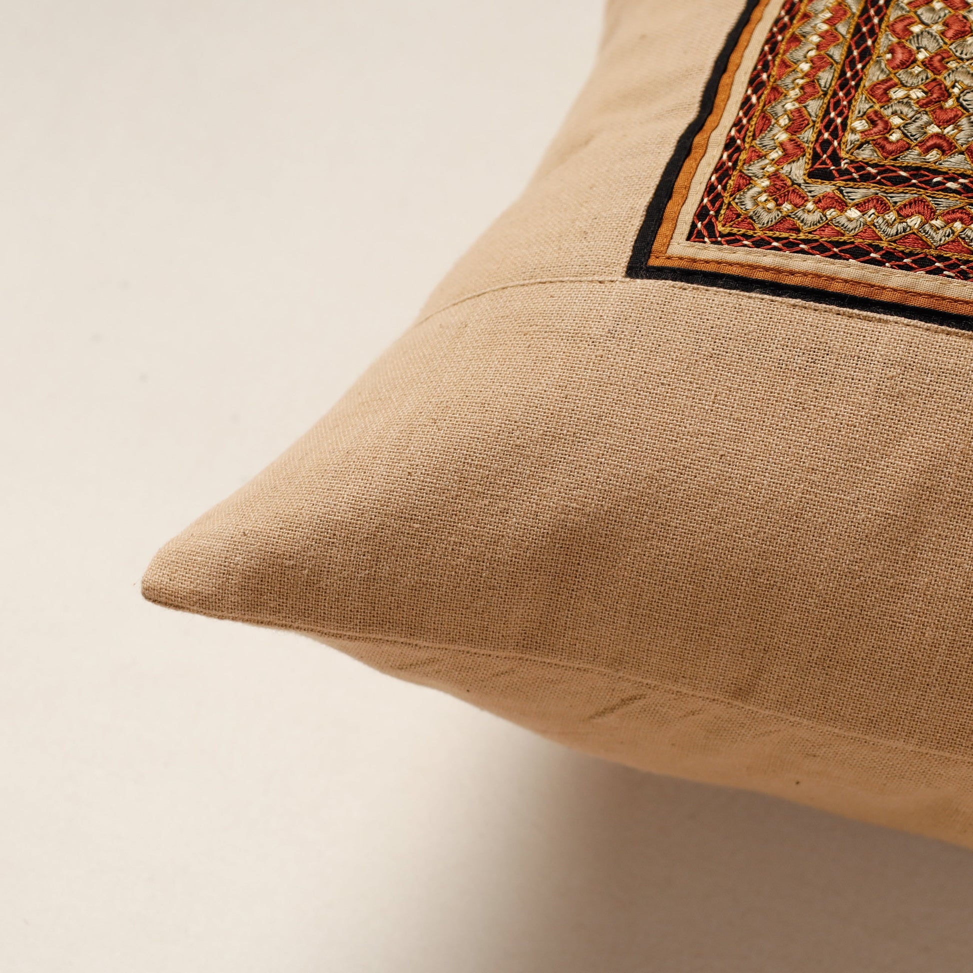 Beige - Kutch Neran Hand Embroidery Cotton Cushion Cover (16 x 16 in)