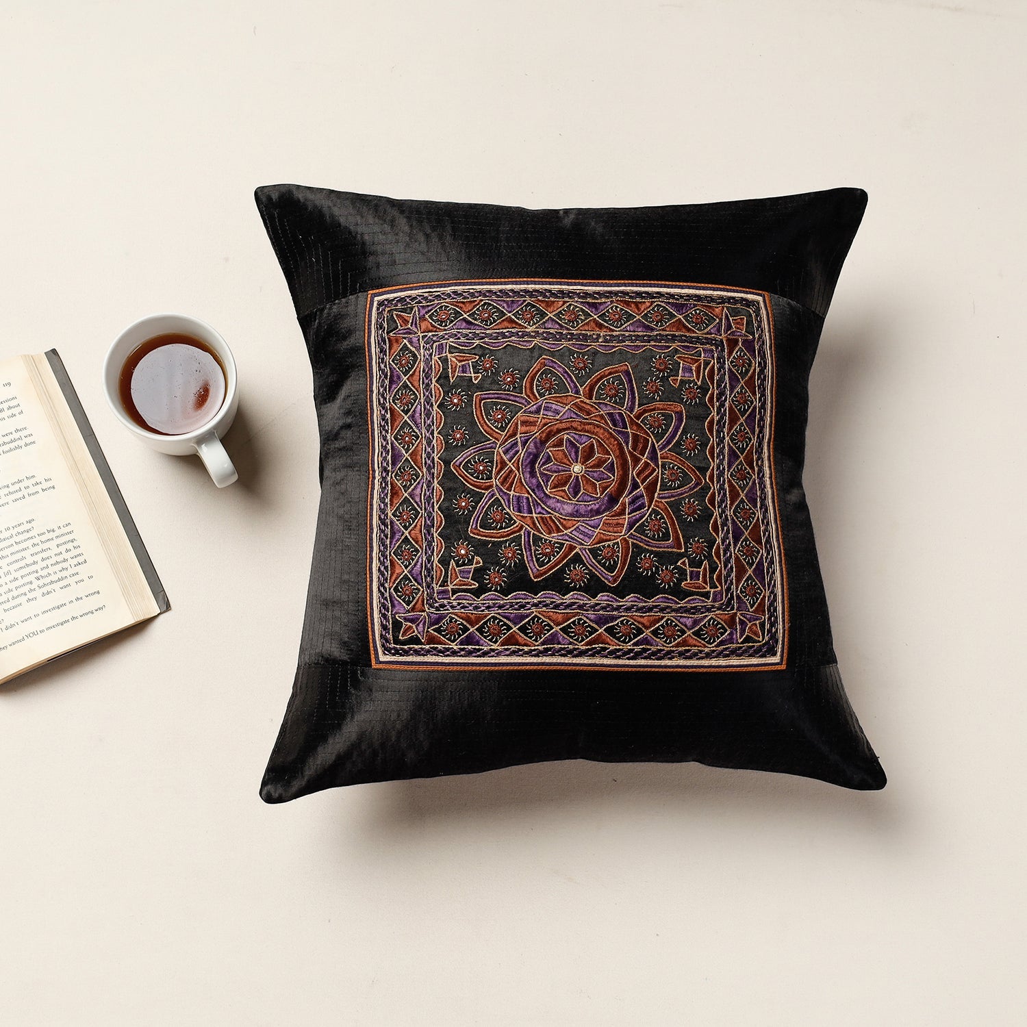 Black - Kutch Pakko Bherni Hand Embroidery Mashru Silk Cushion Cover (15.5 x 15.5 in)