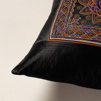 Black - Kutch Pakko Bherni Hand Embroidery Mashru Silk Cushion Cover (15.5 x 15.5 in)