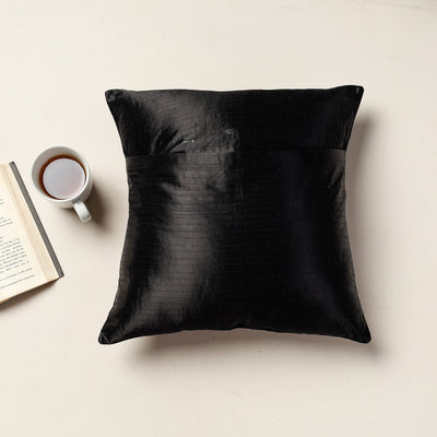 Black - Kutch Pakko Bherni Hand Embroidery Mashru Silk Cushion Cover (15.5 x 15.5 in)