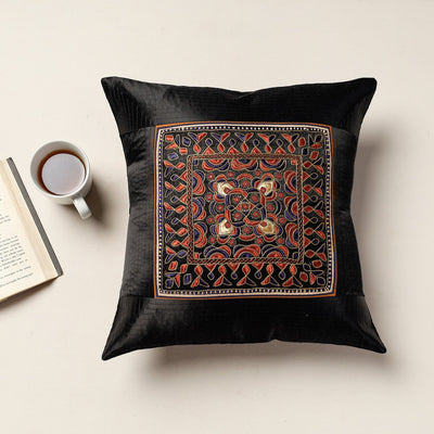 Black - Kutch Pakko Bherni Hand Embroidery Mashru Silk Cushion Cover (15.5 x 15.5 in)