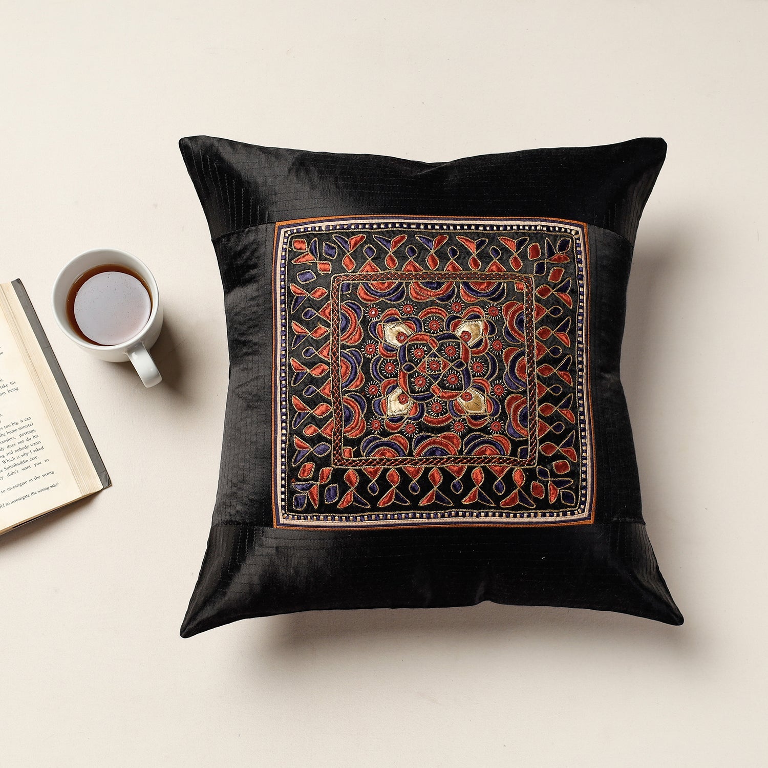 Black - Kutch Pakko Bherni Hand Embroidery Mashru Silk Cushion Cover (15.5 x 15.5 in)