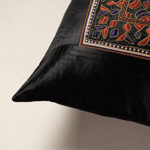 Black - Kutch Pakko Bherni Hand Embroidery Mashru Silk Cushion Cover (15.5 x 15.5 in)